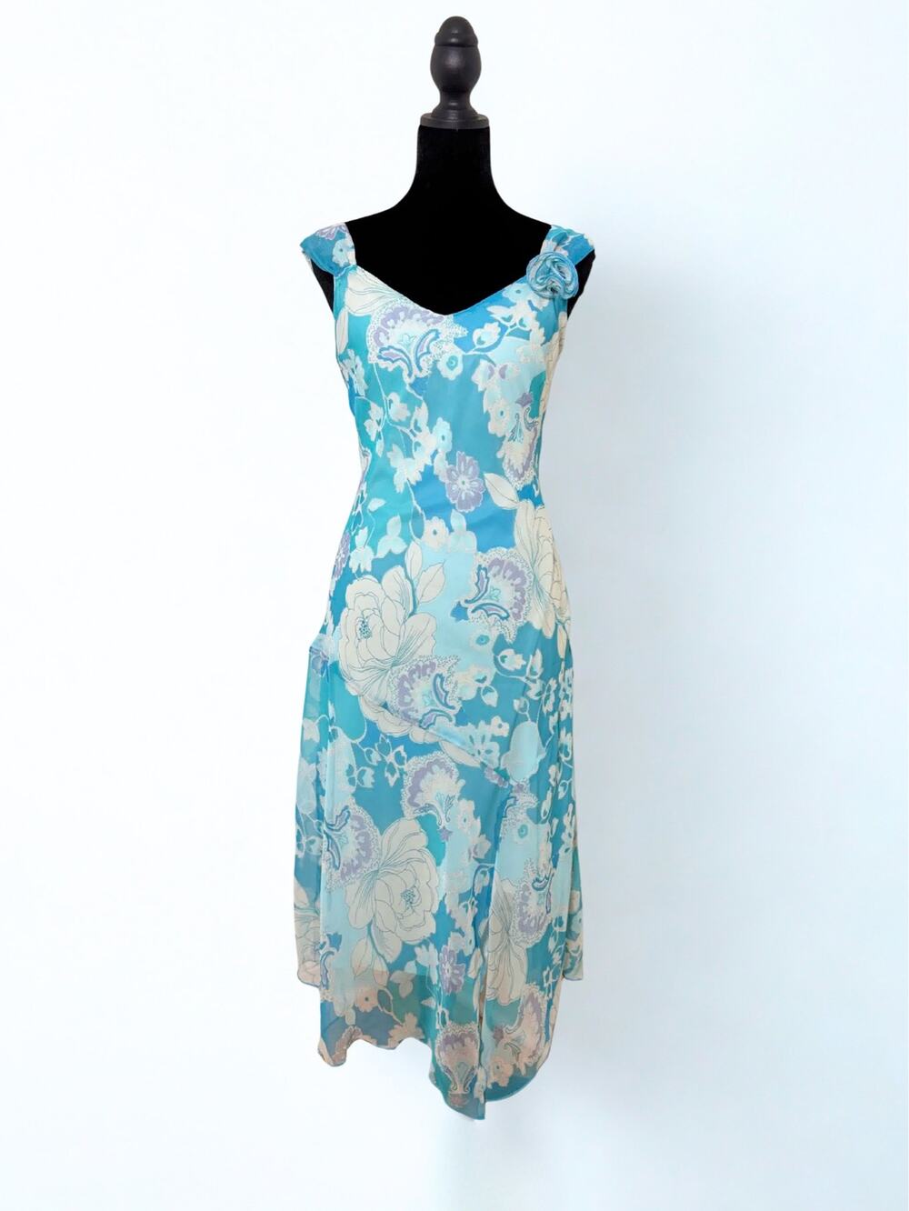 Vtg Y2K Meghan Matthews Blue White Floral Rosette Applique Fairycore Dress Sz S